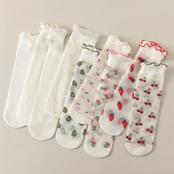 1 пара Новых женских тюлевых носков, прозрачные фруктовые цветочные забавные милые носки, шелковые ультратонкие модные сетчатые короткие носки до щиколотки