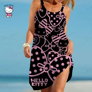 2023 Новое повседневное платье Hello Kitty, женское пляжное платье с круглым вырезом и без рукавов, летние богемные платья для женщин, одежда 5XL