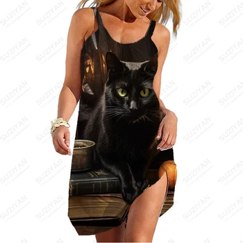 2023 Свободное повседневное платье большого размера Женское домашнее повседневное платье на бретельках Летнее модное платье с 3D принтом Black Cat
