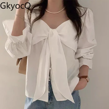 GkyocQ Корейская шикарная осенняя женская рубашка Французского темперамента С квадратным вырезом и ремешками-бантиками, Чувство дизайна, Свободная Универсальная рубашка с расклешенными рукавами
