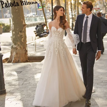 Paloda Очаровательные свадебные платья из тюля трапециевидной формы с аппликацией, Съемные длинные рукава-фонарики, V-образный вырез, шлейф на молнии.