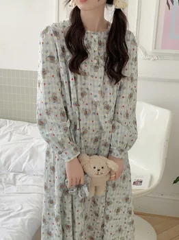 Женская хлопковая ночная рубашка с принтом Медведя, свободная удобная ночная рубашка с длинным рукавом, домашняя одежда с круглым вырезом, весенне-осенняя ночная рубашка S286