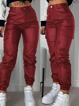 Женские брюки из искусственной кожи с карманами