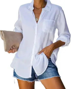 Женские рубашки, блузка 2023, весенне-летняя хлопковая однотонная женская рубашка, однотонная повседневная рубашка со свободным бортиком, блузки, женская одежда