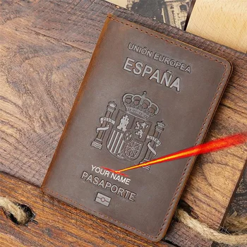 Натуральная кожа Испания Персонализированная обложка для паспорта Crazy Horse Funda Pasaporte Бизнес Унисекс Прочный испанский