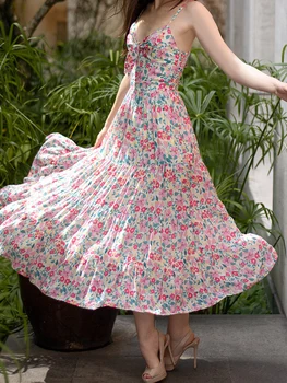 Новое модное женское платье-комбинация без рукавов с V-образным вырезом и цветочным принтом, летнее свободное платье, длинное платье для отдыха, Клубный уличный стиль