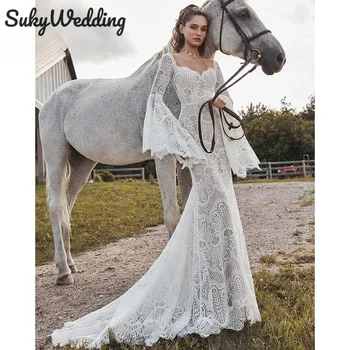 Новые свадебные платья Русалки с длинным рукавом в стиле бохо с кружевной аппликацией 
