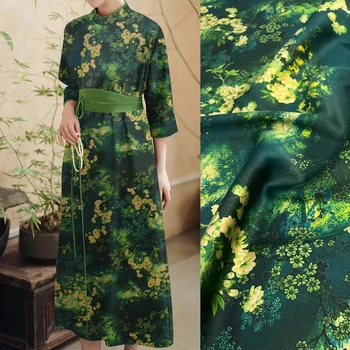 Роскошная шелковая ткань из спандекса шириной 118 см с принтом зеленых растений - идеально подходит для платья и чонсам - D1251
