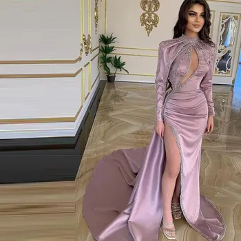 Фиолетовое платье для выпускного вечера, роскошные женские вечерние платья трапециевидной формы с длинным рукавом, длиной до пола, со шлейфом и высоким вырезом, вечерние платья на заказ, Элегантные