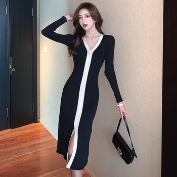 Черно-белое Повседневное Элегантное платье-свитер с коротким рукавом, Корейская мода, Винтажные Трикотажные тонкие платья Для женщин, Новинка осени T170